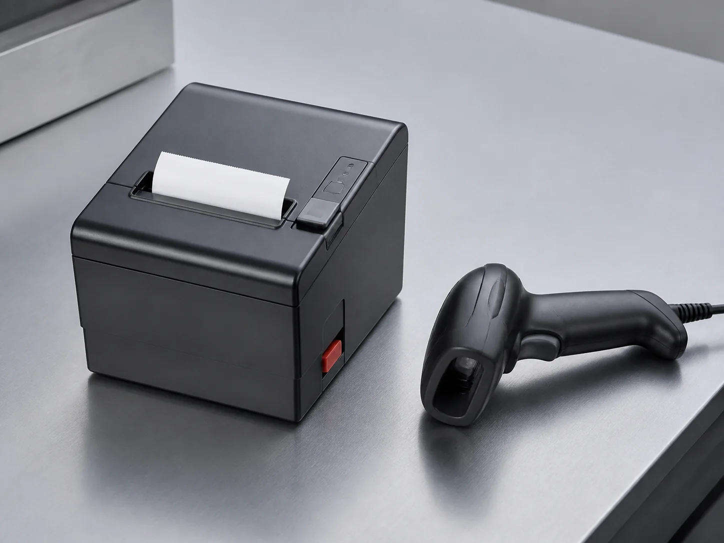 Thermal receipt printer and barcode scanner on a retail counter