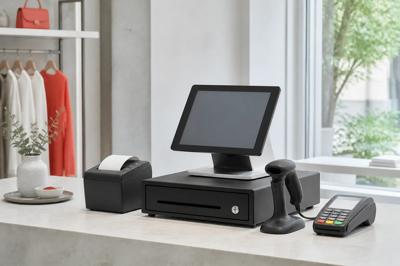 Modern point-of-sale terminal, receipt printer, scanner and payment hardware on a retail counter